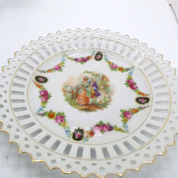 Gold Trimmed Reticlated Ceramic Plates Courting Couple Germany Set of - Picture 2 of 3